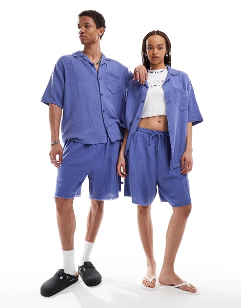 COLLUSION Unisex textured oversized revere short sleeve shirt with raw detail in lavender blue