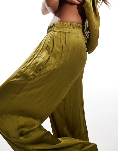 River Island plisse satin wide leg pants in khaki - part of a set