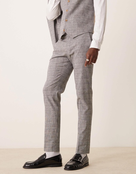 ASOS DESIGN skinny with linen suit pants in gray prince of wales check