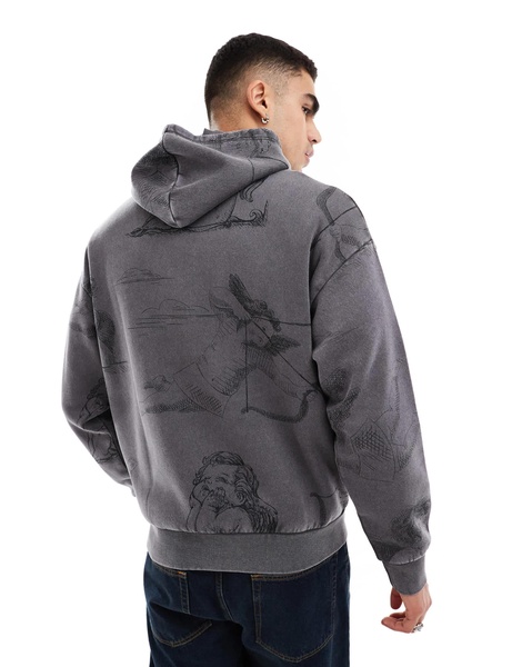 ADPT oversized hoodie with all over angel print in gray acid wash