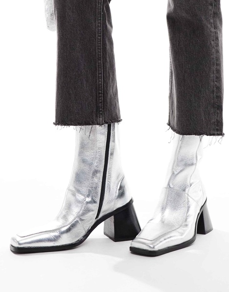 ASOS DESIGN Ria mid-heel leather boots in silver