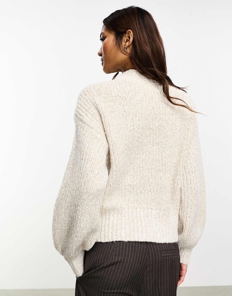 Object cable knit puff sleeve sweater in mottle beige melange