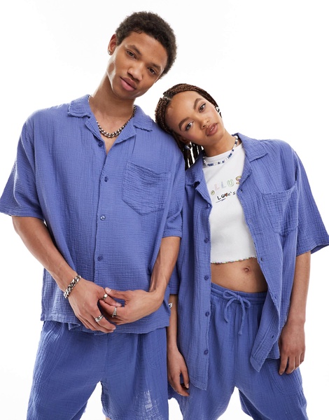 COLLUSION Unisex textured oversized revere short sleeve shirt with raw detail in lavender blue