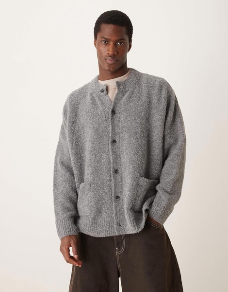 ASOS DESIGN super oversized boxy fit knitted boucle crew neck cardigan in gray heather with pockets