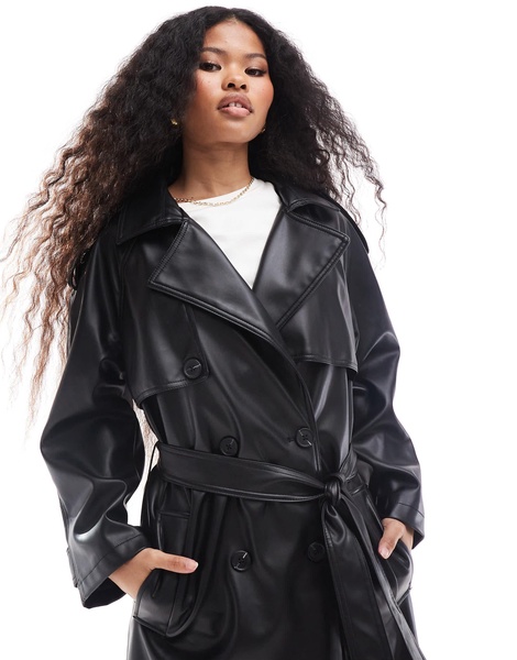 ASOS DESIGN Petite leather look trench coat in black