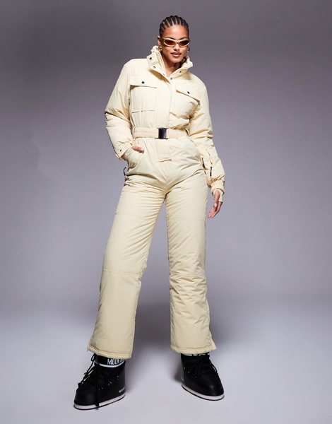 ASOS 4505 Tall Ski retro belted ski suit with funnel neck in buttermilk