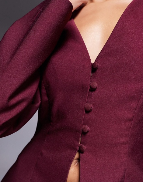 ASOS DESIGN tailored cinch waist jacket in burgundy - part of a set