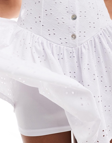 Motel pearl button up broderie mini dress in white