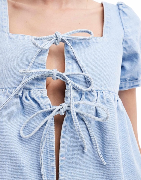 ASOS DESIGN denim babydoll top in mid blue