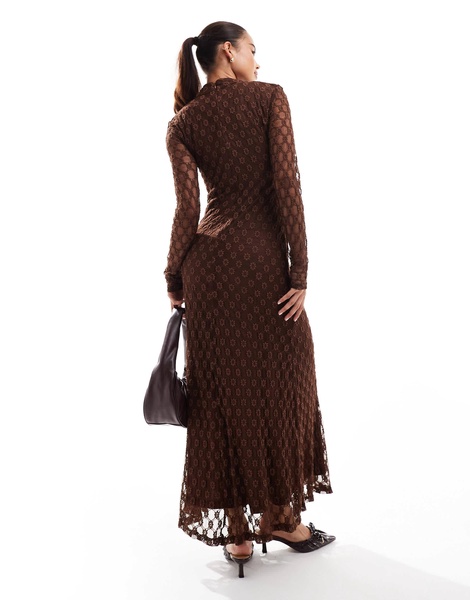 Bardot long sleeve lace maxi dress in chocolate