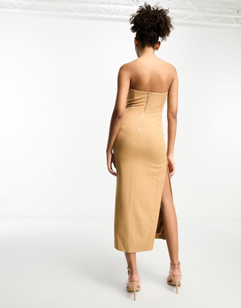 Bardot shaped plunge midaxi dress with split in mocha