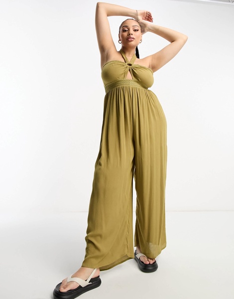 River Island Plus bandeau halterneck beach jumpsuit in khaki