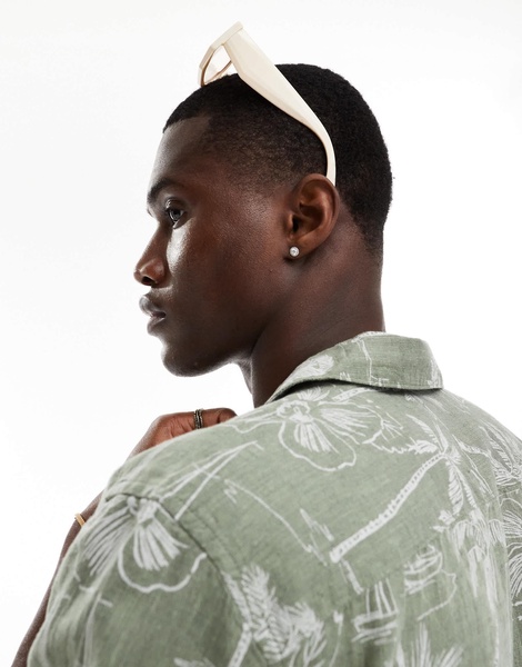 ONLY & SONS revere collar linen mix shirt in sage Hawaiian print