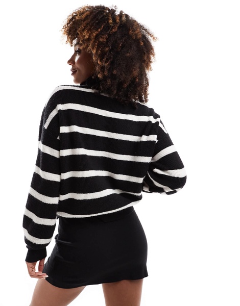 French Connection half zip cropped knitted sweater in black and white stripe