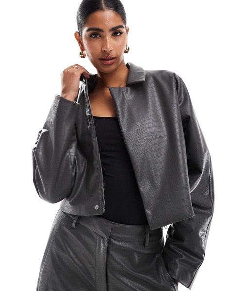 ASOS DESIGN cropped faux leather jacket in gray croc - part of a set