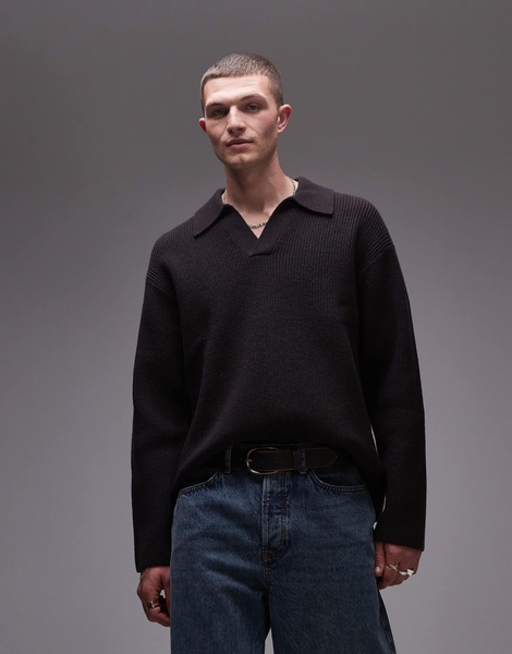 ARKET rib knit wool sweater with polo collar in dark brown