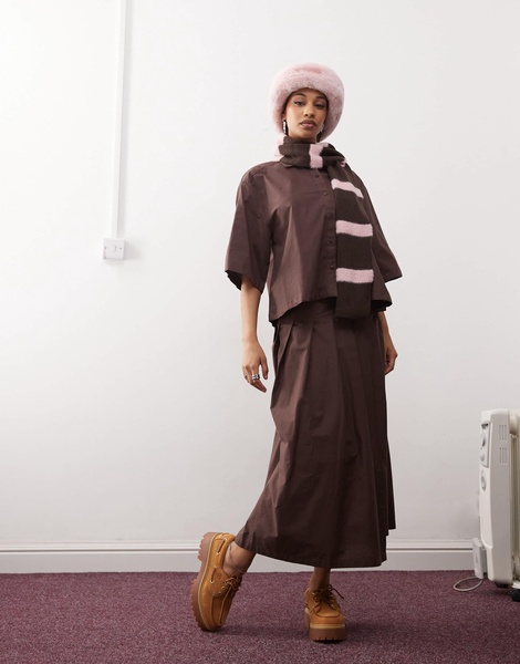 COLLUSION cotton midi wrap kilt in chocolate - part of a set