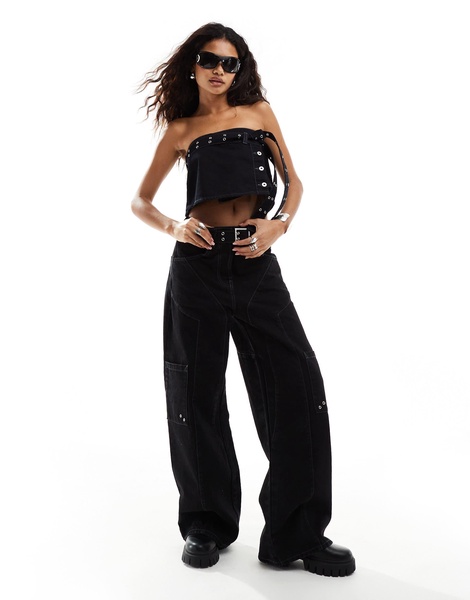 COLLUSION festival belted wide leg skate jeans in black - part of a set