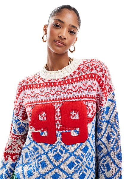 ASOS DESIGN oversized patchwork fairisle festive sweater in blue and red