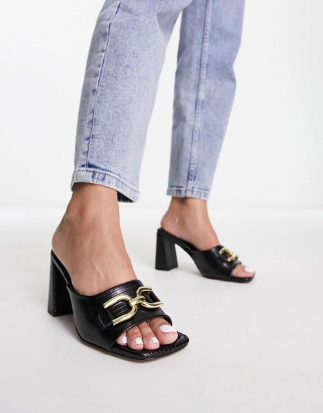 ASOS DESIGN Hush snaffle detail mid heeled mules in black