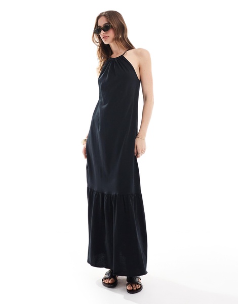 Mango halterneck tiered midi dress in black