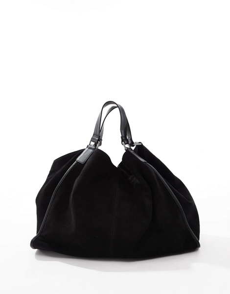 ASOS DESIGN large suede tote bag with leather piping detail in black