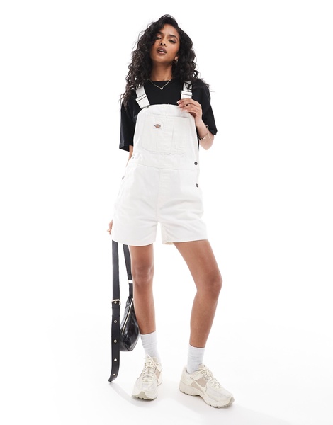 Dickies Duck canvas short bib overalls in stonewash cream