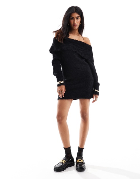 Cotton On off shoulder fluffy mini dress in black