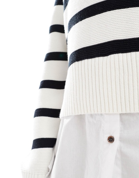 French Connection 2 in 1 funnel neck sweater with shirt underlay in white and black stripe