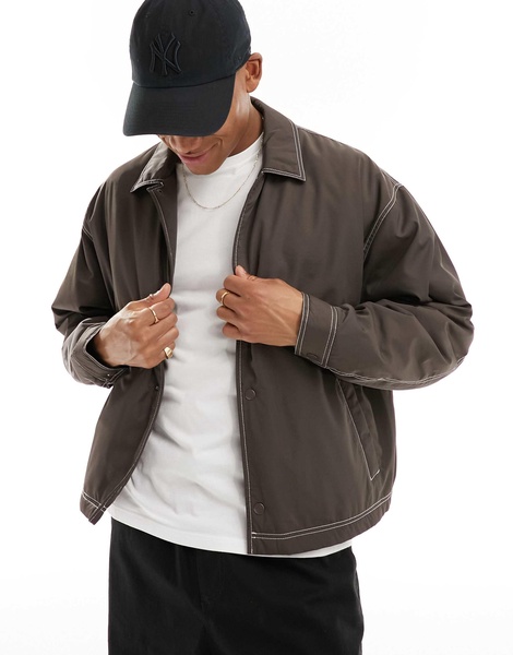 ASOS DESIGN boxy oversized harrington jacket in brown with contrast stitch