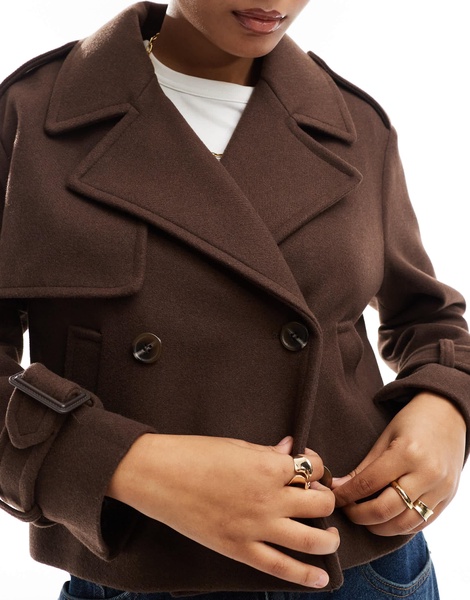 Bershka cropped wool look trench coat in chocolate