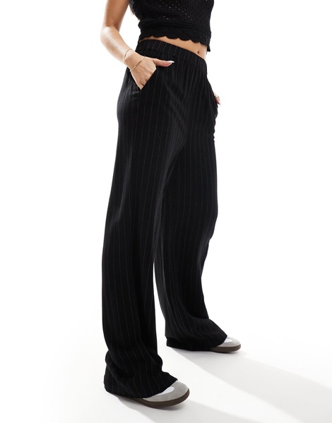 Vila linen touch wide leg pants with stretch waist in black pinstripe