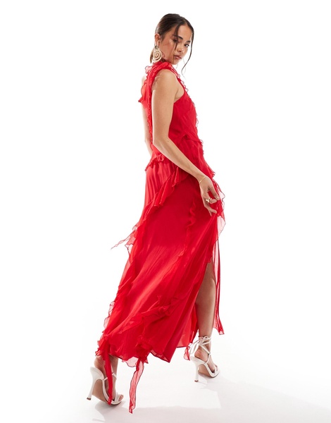 Mango frayed one shoulder midi dress in red