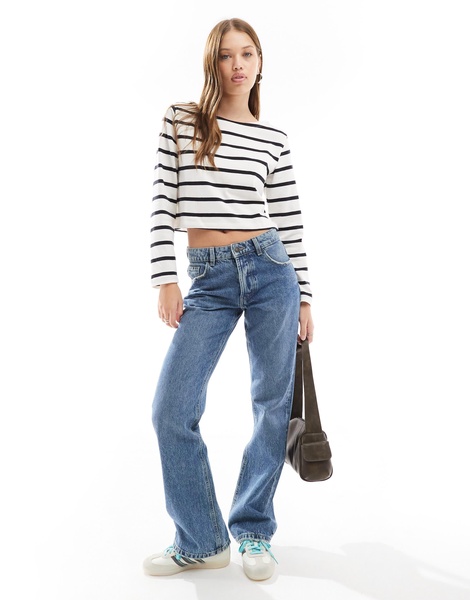 Cotton On boat neck long sleeve crop top in monochrome stripe