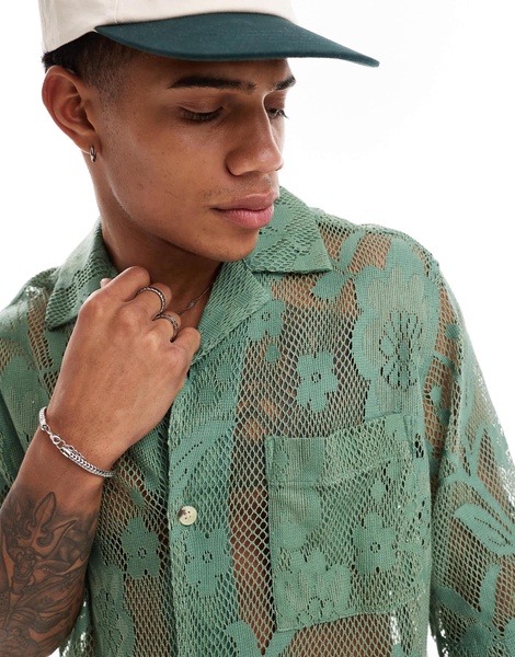 ASOS DESIGN short sleeve relaxed camp collar lace shirt in sage green