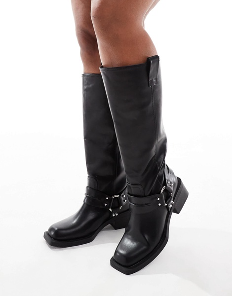 ASOS DESIGN Curve Camila flat biker harness knee boots in black