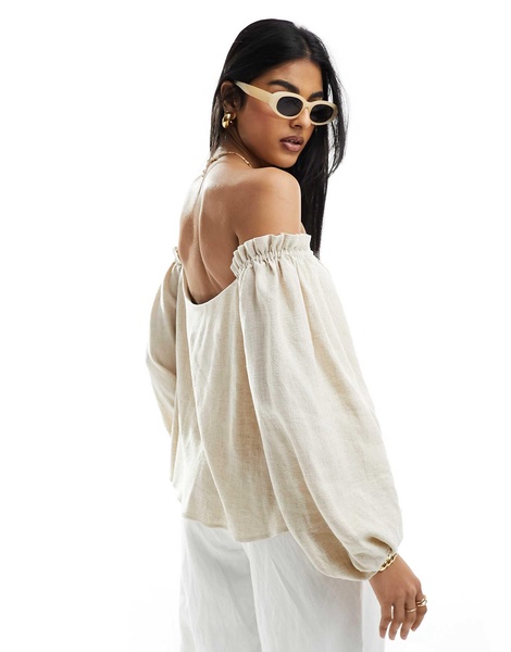 ASOS DESIGN linen look off-shoulder pleated top in natural