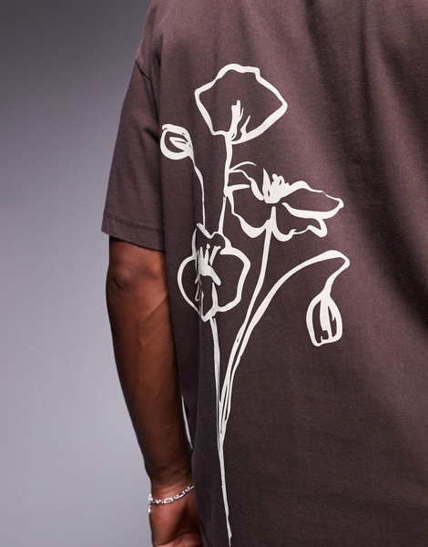 ADPT oversized washed flower back print t-shirt in brown