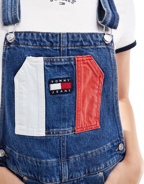 Tommy Jeans flag overall dress in mid wash