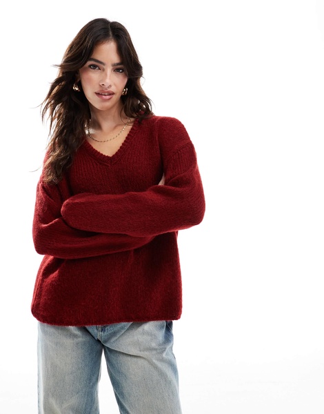 ASOS DESIGN knit v neck sweater in burgundy