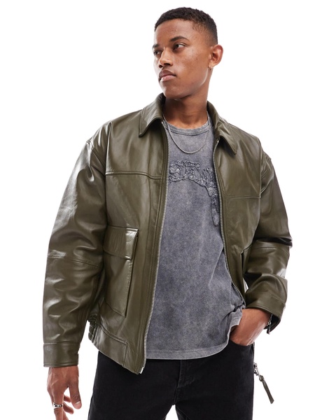 ASOS DESIGN oversized real leather bomber jacket in khaki