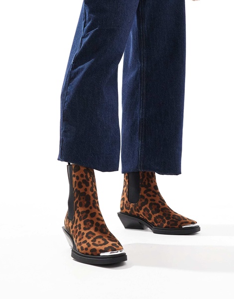 ASOS DESIGN Aruba flat western boots with toe cap detail in leopard