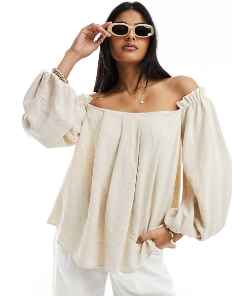 ASOS DESIGN linen look off-shoulder pleated top in natural