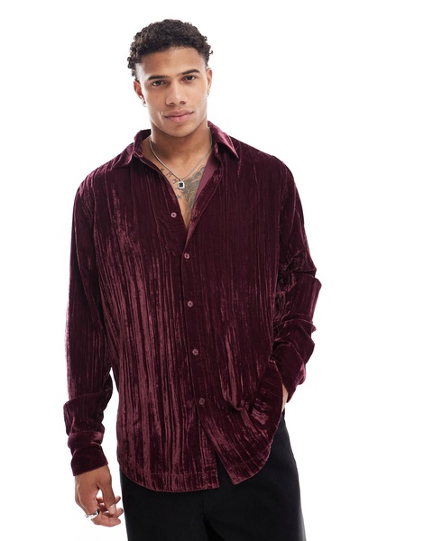 ASOS DESIGN boxy oversized shirt in crinkle velvet in burgundy