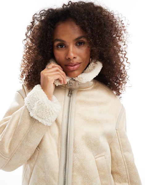 Bershka faux shearling trim aviator jacket in cream contrast