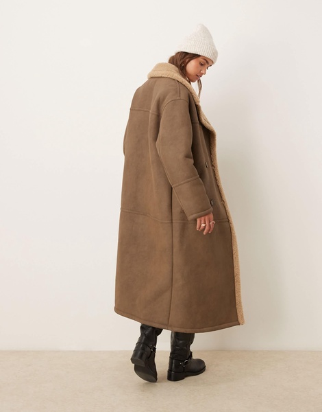 ASOS DESIGN longline bonded borg trench coat in vintage brown