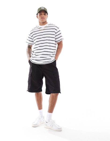 Brave Soul oversized high neck striped T-shirt in white & navy