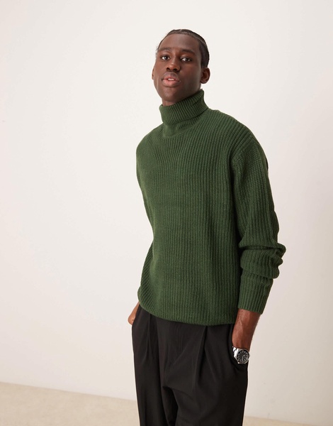 ASOS DESIGN oversized knit fisherman rib roll neck sweater in dark green