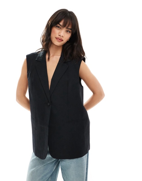 ASOS DESIGN sleeveless tailored linen mix blazer in black