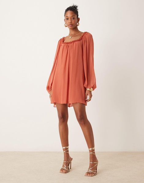 ASOS DESIGN ruffle neck mini smock dress in rust